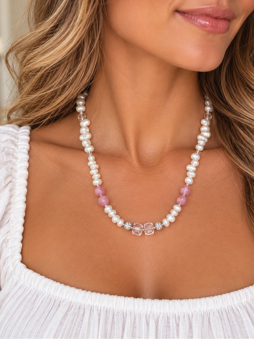 Genuine Seedless Freshwater Pearl Designer Necklace W/ Rose Quartz & Crystal
